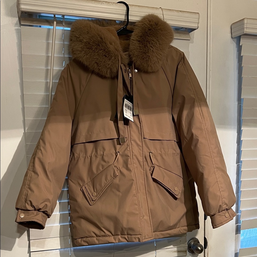 Women's Tan Puffer Coat with Faux Fur Collar